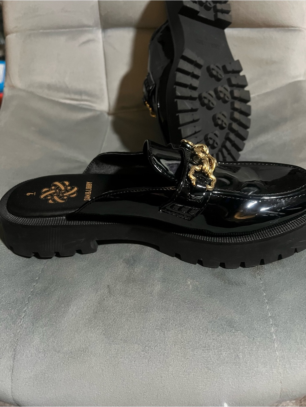 Sam & Libby Black Patent Chunky Mule with Gold Chain